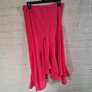Anthropologie Flared Hot Pink Midi Skirt Asymmetrical Satin Size S Petite NWT